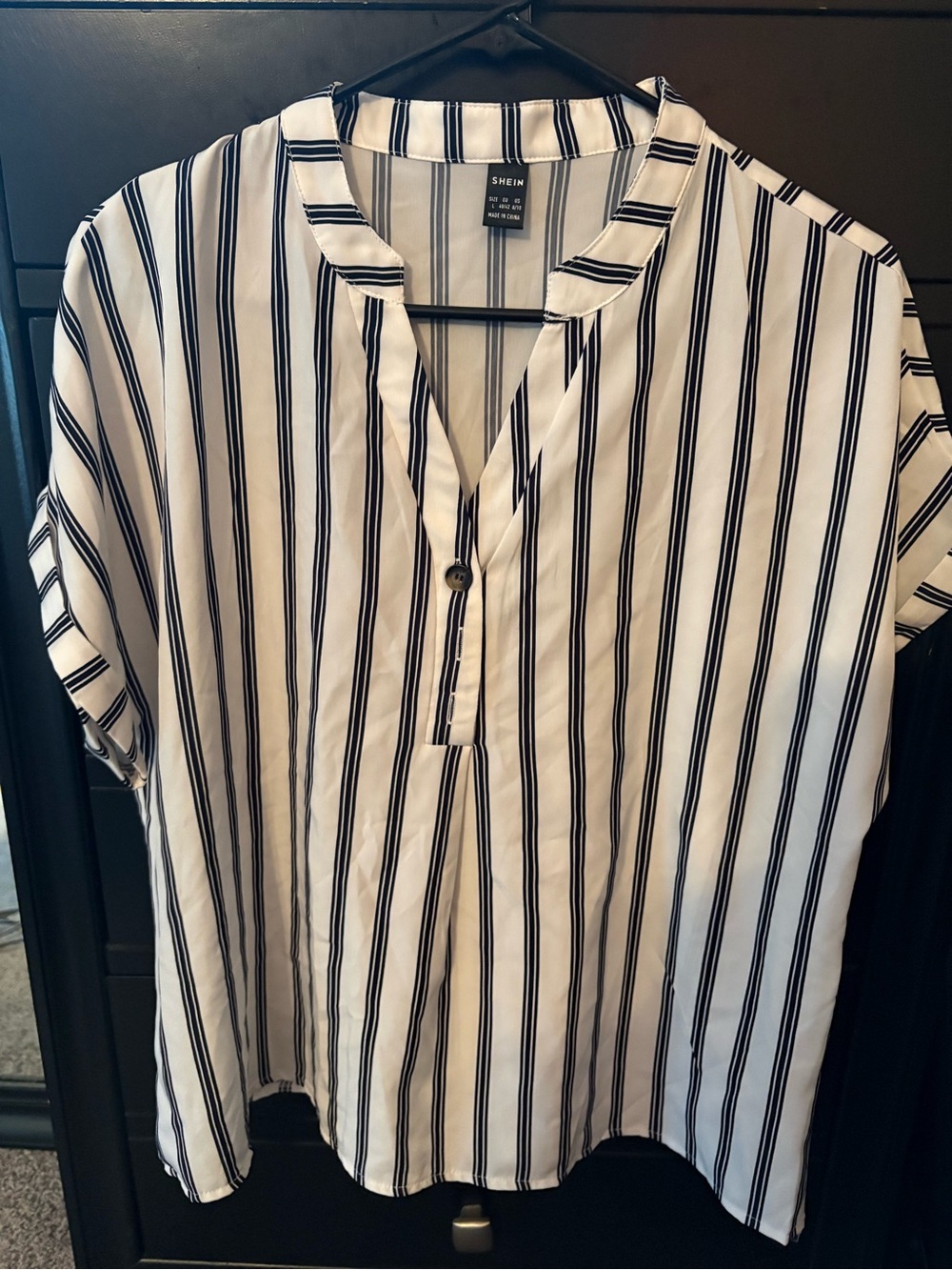 SHEIN White and Black Vertical Stripe Short Sleeve Henley Blouse